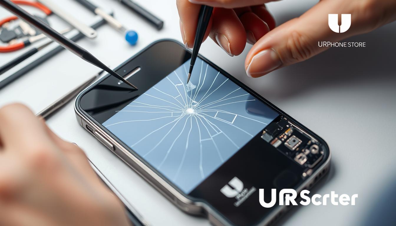 An iPhone screen repair process scene featuring a technician carefully removing a cracked screen, surrounded by tools like tweezers, suction cups, and a new screen ready to be installed. The workspace is well-organized with bright lighting, showcasing the intricate details of the phone's interior components. In the background, the logo of 'URPhone Store' subtly integrated into the workspace design.